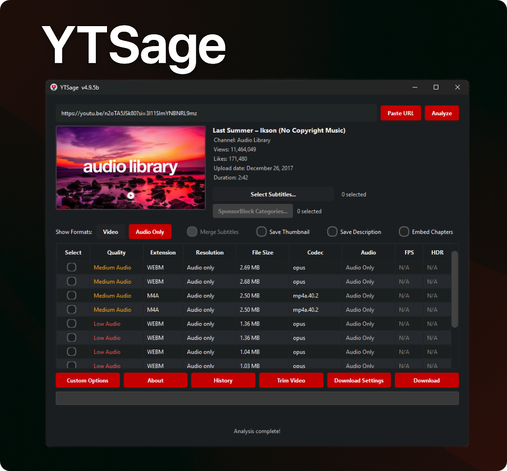 Audio Format Selection with Save Thumbnail